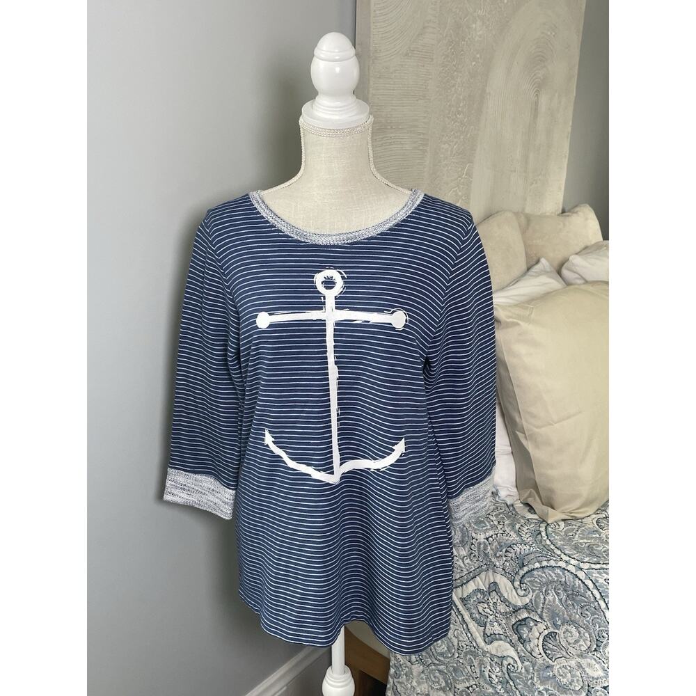 Fresh Produce Anchor Shirt Small Blue Striped Nautical Coastal Cotton USA NWT
